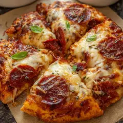 Pyszna pizza z pepperoni i ciągnącym serem. Proste ciasto na pizzę zawsze wychodzi, a ta wygląda idealnie!