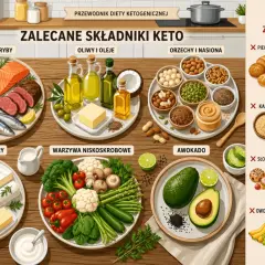 Zalecane składniki diety ketonowej: mięso, ryby, oliwy, orzechy, nabiał, warzywa, awokado. Produkty zabronione: pieczywo, makaron, kasze, ziemniaki, słodycze, słodkie napoje, owoce, sosy z cukrem.