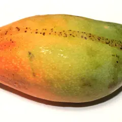 Oto jak wygląda mango: owoc o gładkiej skórce, przechodzącej od pomarańczowej do zielonej, z drobnymi, ciemnymi plamkami.