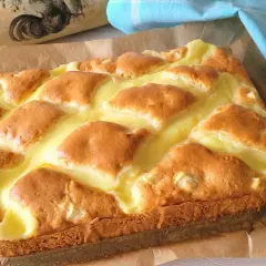 Wilgotne ciasto jogurtowe z budyniem, z wierzchem przypominającym kratkę, wygląda apetycznie.