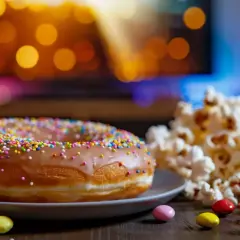 Pączek z kolorową posypką i popcornem na tle rozmytych świateł.