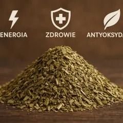 Góra suszonej yerba mate, z symbolami energii, zdrowia i antyoksydantów. Odkryj yerba mate właściwości!