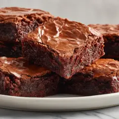 Pyszne brownie z airfryer, idealnie wilgotne w środku i lekko chrupiące na wierzchu, ułożone na białym talerzu.