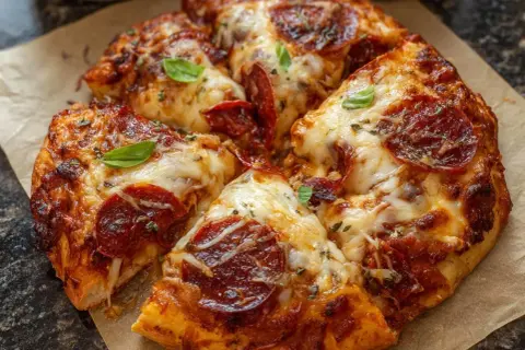 Pyszna pizza z pepperoni i ciągnącym serem. Proste ciasto na pizzę zawsze wychodzi, a ta wygląda idealnie!