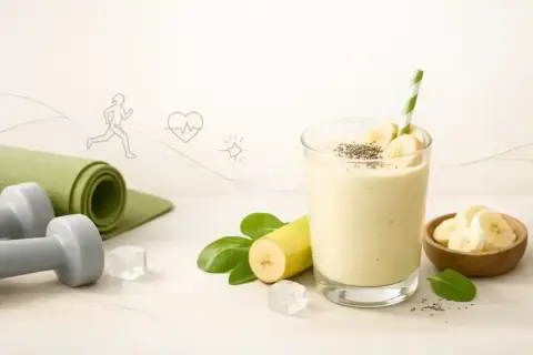Zdrowy koktajl bananowy po treningu. Obok leżą hantle i mata do ćwiczeń.