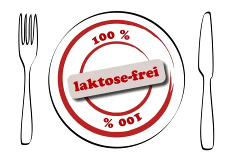 Talerz z napisem "laktose-frei" i symbolami 100%. To oznacza, że produkt nie zawiera laktozy, czyli cukru mlecznego.