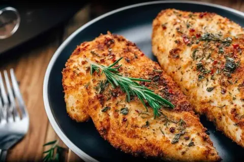 Dwa soczyste filety z kurczaka, idealnie przypieczone w airfryer, z gałązką rozmarynu i ziołami.