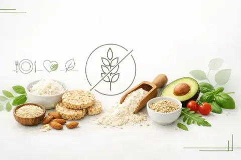 Kompozycja produktów idealnych na dieta bezglutenowa: ryż, kasza, migdały, mąka, awokado, pomidorki i zioła.