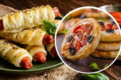 Parówki w cieście francuskim i mini pizze. Świetne pomysły, co zrobić z ciasta francuskiego na szybką przekąskę.