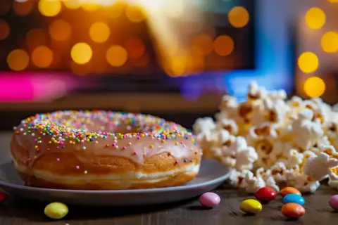 Pączek z kolorową posypką i popcornem na tle rozmytych świateł.