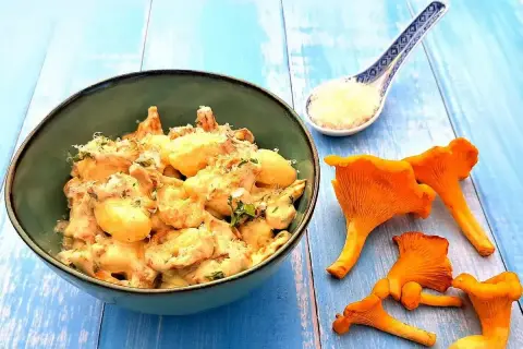 Wegańskie gnocchi z kurkami w kremowym sosie, posypane parmezanem, na niebieskim tle.