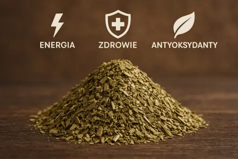 Góra suszonej yerba mate, z symbolami energii, zdrowia i antyoksydantów. Odkryj yerba mate właściwości!