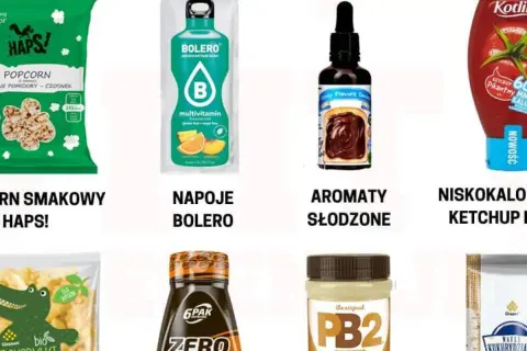 Produkty dla dbających o linię: popcorn, napoje, aromaty, ketchup. To wszystko to **redukcja** kalorii w diecie.