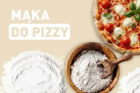 Idealna mąka do pizzy: świeża, biała mąka w drewnianej misce obok pysznej Margherity.