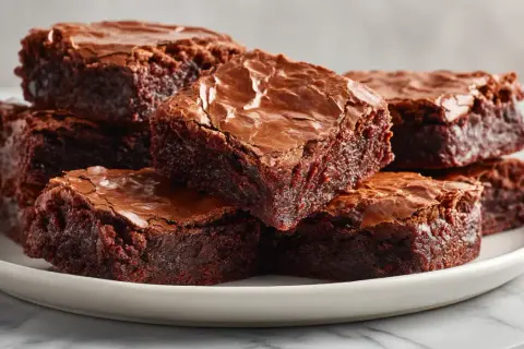 Pyszne brownie z airfryer, idealnie wilgotne w środku i lekko chrupiące na wierzchu, ułożone na białym talerzu.