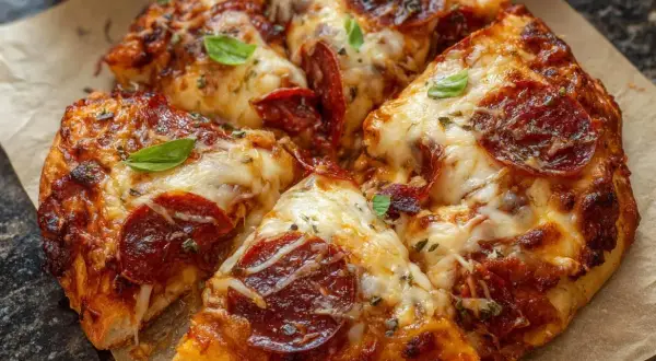 Pyszna pizza z pepperoni i ciągnącym serem. Proste ciasto na pizzę zawsze wychodzi, a ta wygląda idealnie!