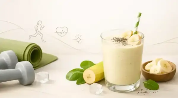 Zdrowy koktajl bananowy po treningu. Obok leżą hantle i mata do ćwiczeń.