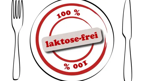 Talerz z napisem "laktose-frei" i symbolami 100%. To oznacza, że produkt nie zawiera laktozy, czyli cukru mlecznego.