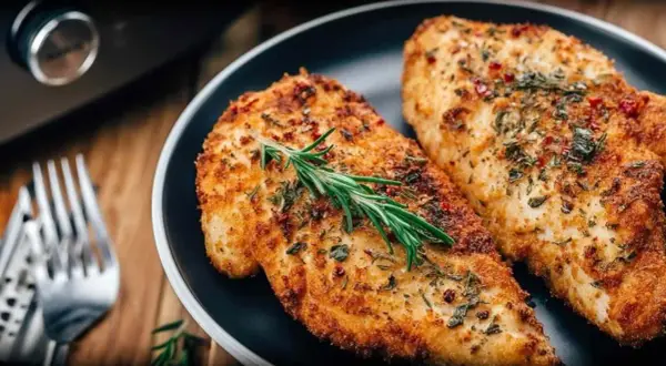 Dwa soczyste filety z kurczaka, idealnie przypieczone w airfryer, z gałązką rozmarynu i ziołami.