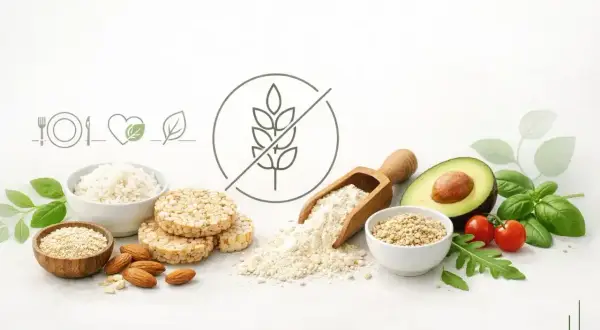 Kompozycja produktów idealnych na dieta bezglutenowa: ryż, kasza, migdały, mąka, awokado, pomidorki i zioła.