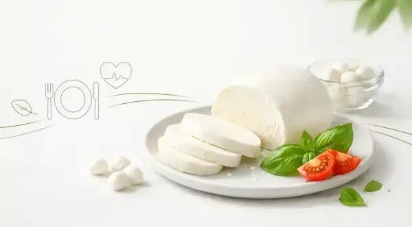 Świeża mozzarella na talerzu z pomidorkami i bazylią. Zastanawiasz się nad mozzarella kcal? To lekki i zdrowy wybór.