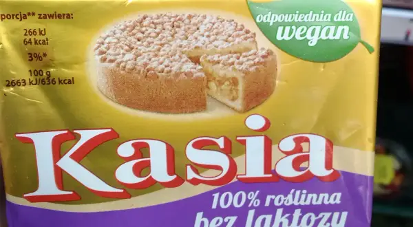 Opakowanie margaryny Kasia z liściem i napisem "odpowiednia dla wegan" potwierdza, że jest ona wegańska.