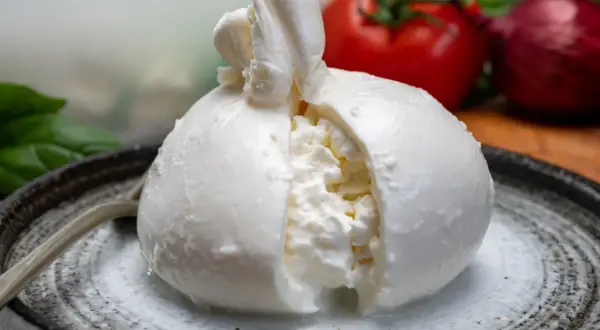 Pyszna burrata na talerzu, z pomidorem i cebulą w tle. Zastanawiasz się nad burrata kcal?