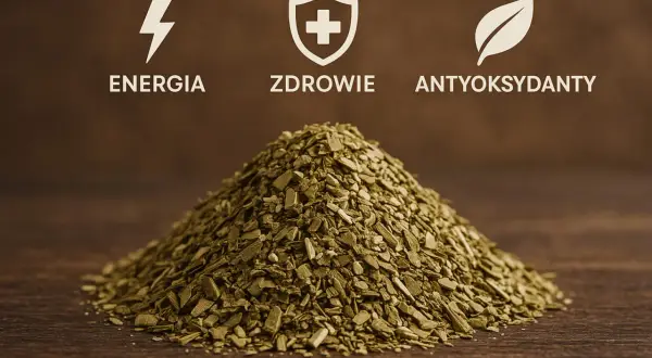 Góra suszonej yerba mate, z symbolami energii, zdrowia i antyoksydantów. Odkryj yerba mate właściwości!