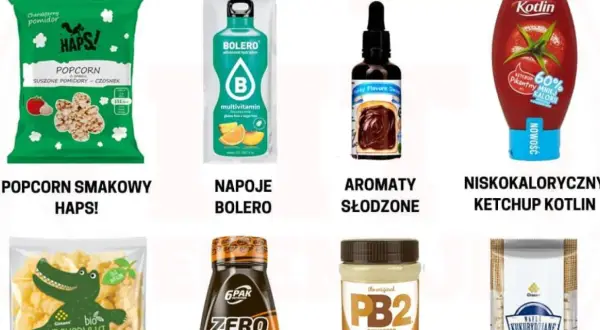 Produkty dla dbających o linię: popcorn, napoje, aromaty, ketchup. To wszystko to **redukcja** kalorii w diecie.