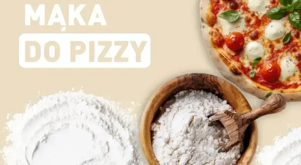 Idealna mąka do pizzy: świeża, biała mąka w drewnianej misce obok pysznej Margherity.