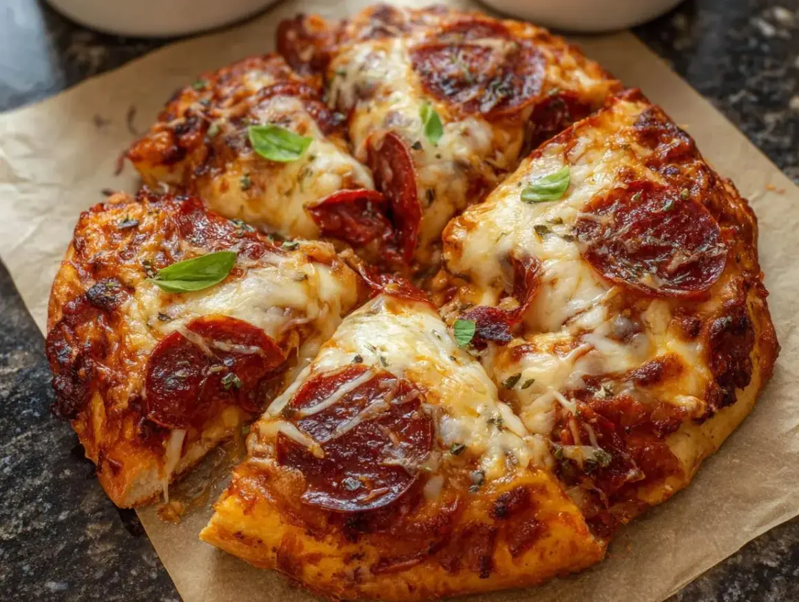Pyszna pizza z pepperoni i ciągnącym serem. Proste ciasto na pizzę zawsze wychodzi, a ta wygląda idealnie!