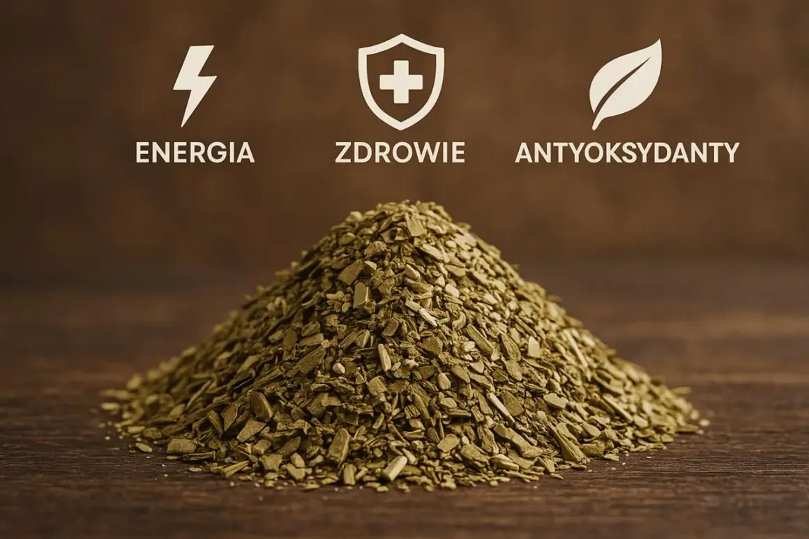 Góra suszonej yerba mate, z symbolami energii, zdrowia i antyoksydantów. Odkryj yerba mate właściwości!