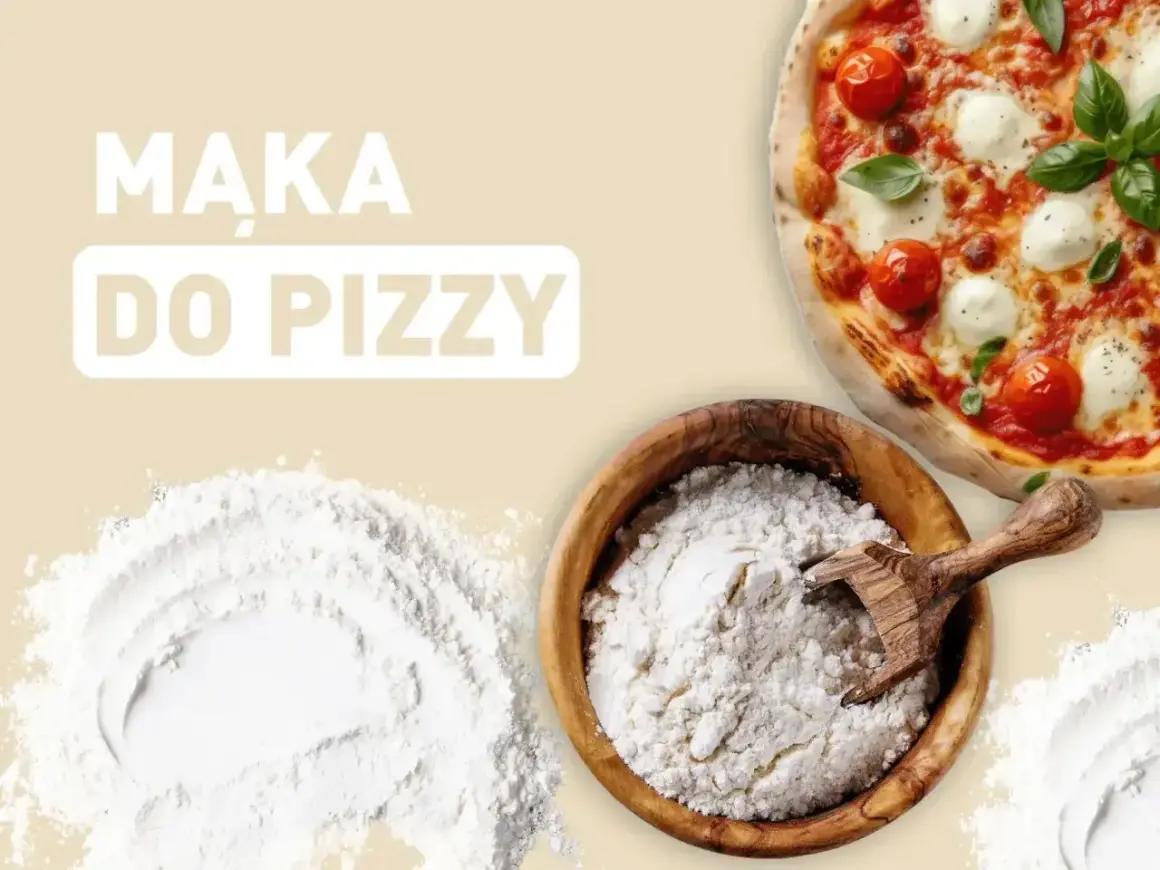 Idealna mąka do pizzy: świeża, biała mąka w drewnianej misce obok pysznej Margherity.