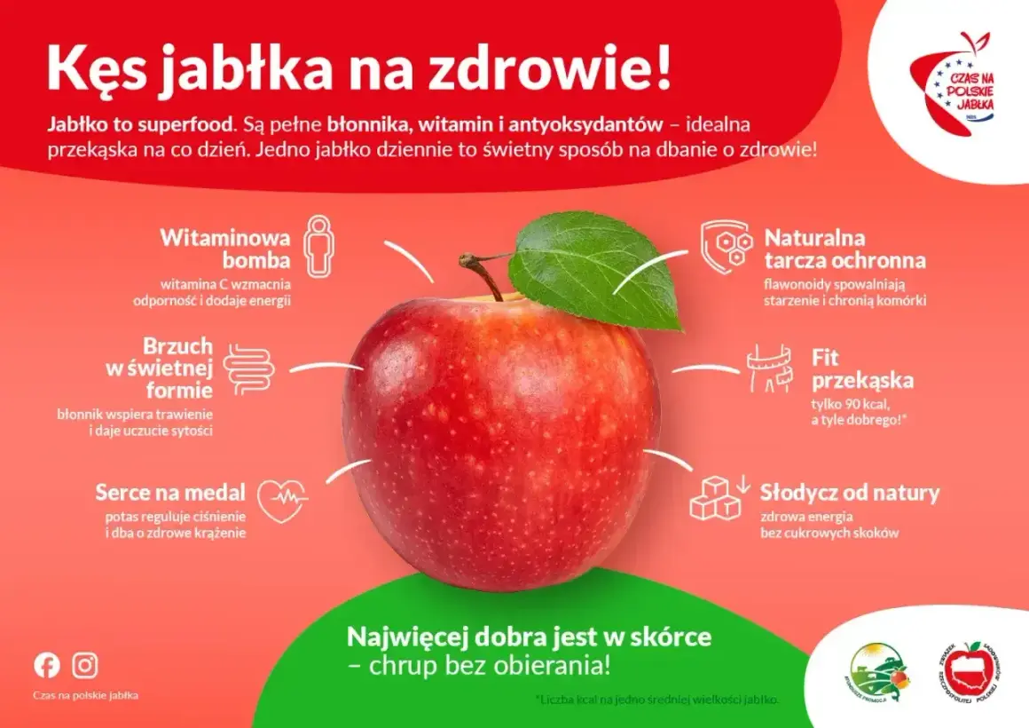 Jabłko to zdrowa przekąska, która ma tylko 90 kcal. Pełne witamin i błonnika, wspiera trawienie i serce. Chrup jabłko na zdrowie!