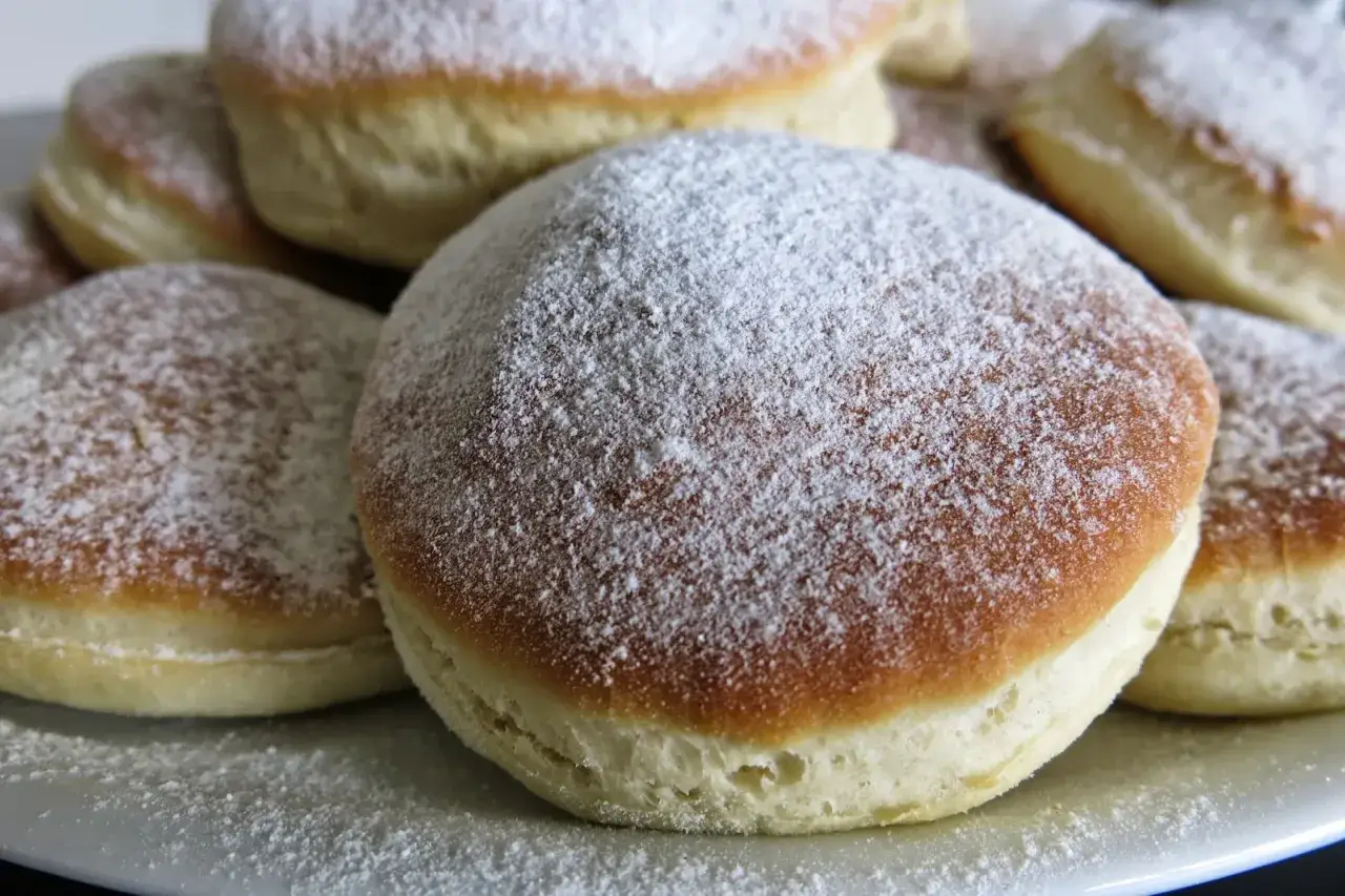 Szybkie pączki z piekarnika, oprószone cukrem pudrem, wyglądają apetycznie. Idealne na szybką przekąskę.