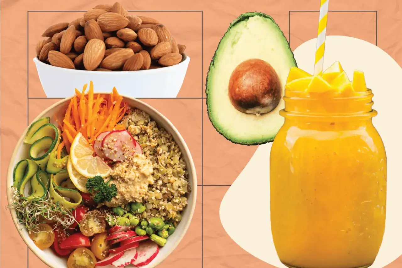 Zdrowa miska pełna warzyw, migdały i smoothie mango – idealne składniki do redukcji wagi.