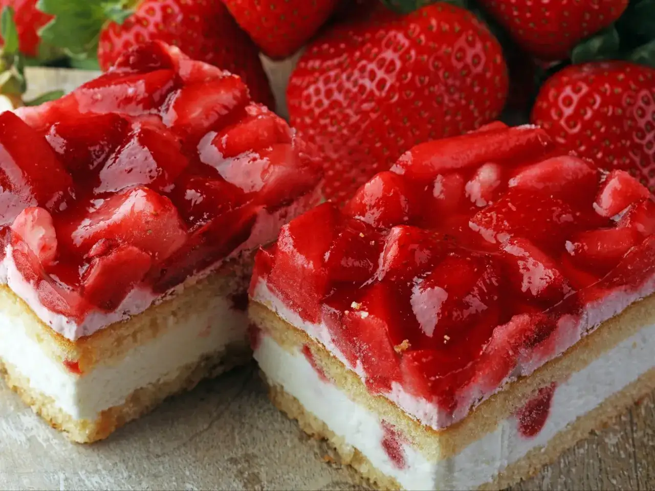 Pyszny biszkopt z serkiem mascarpone i galaretką, ozdobiony świeżymi truskawkami. Idealny deser na każdą okazję.