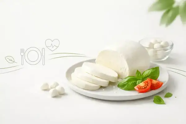 Świeża mozzarella na talerzu z pomidorkami i bazylią. Zastanawiasz się nad mozzarella kcal? To lekki i zdrowy wybór.