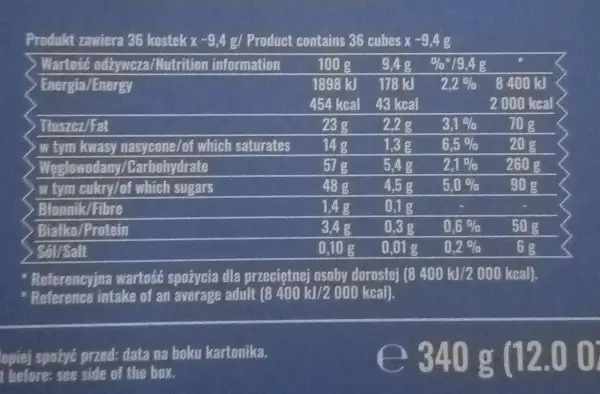 Tabela wartości odżywczych ptasiego mleczka: 43 kcal w kostce 9,4g. Zawiera 5,4g węglowodanów, 0,3g białka i 2,2g tłuszczu.