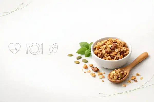 Misternie przygotowana granola w miseczce i na łyżce. Czy granola jest dietetyczna? Zależy od składników, ale ta wygląda zdrowo!