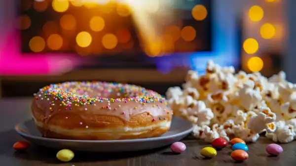 Pączek z kolorową posypką i popcornem na tle rozmytych świateł.