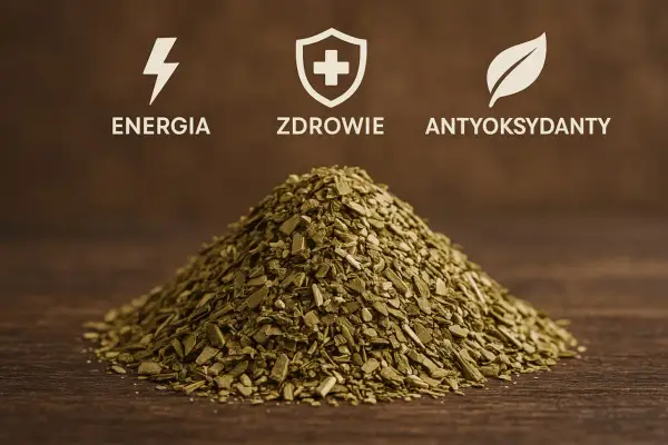 Góra suszonej yerba mate, z symbolami energii, zdrowia i antyoksydantów. Odkryj yerba mate właściwości!