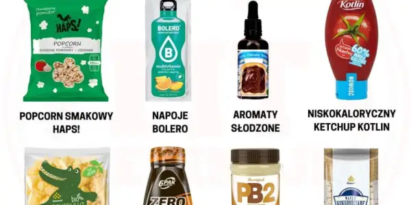 Produkty dla dbających o linię: popcorn, napoje, aromaty, ketchup. To wszystko to **redukcja** kalorii w diecie.
