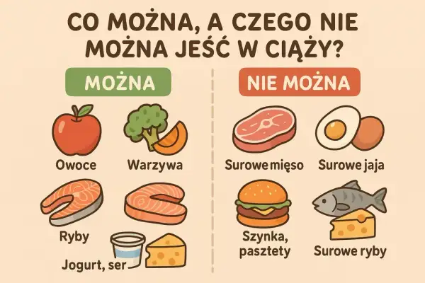 Co jeść w ciąży? Obrazek pokazuje, co można (owoce, warzywa, ryby, jogurt, ser) i czego nie można (surowe mięso, jaja, ryby, szynka, pasztety).