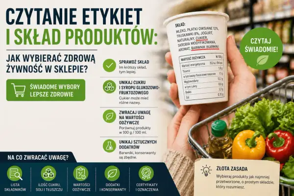 Dłoń trzymająca kubek z etykietą produktu, obok wózek sklepowy z warzywami.