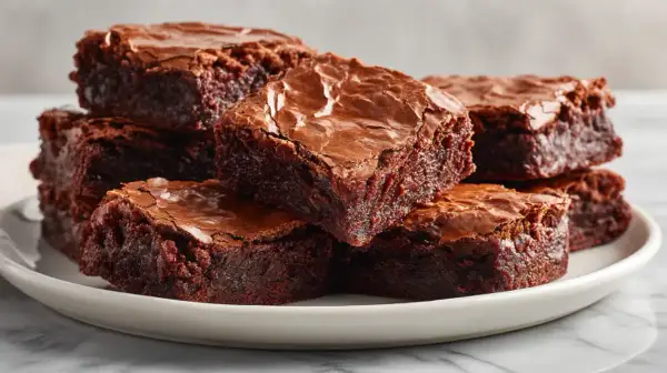 Pyszne brownie z airfryer, idealnie wilgotne w środku i lekko chrupiące na wierzchu, ułożone na białym talerzu.